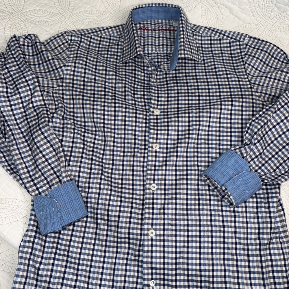 Robert Graham Shirt Youth 18 20 XL Flip Cuff Button Up Long Sleeve Blue Plaid